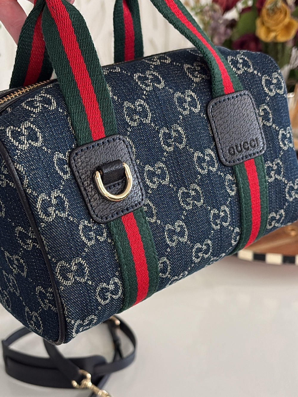 Navy GG Denim Mini Boston with Red and Green Webbing - Picture 4 of 5